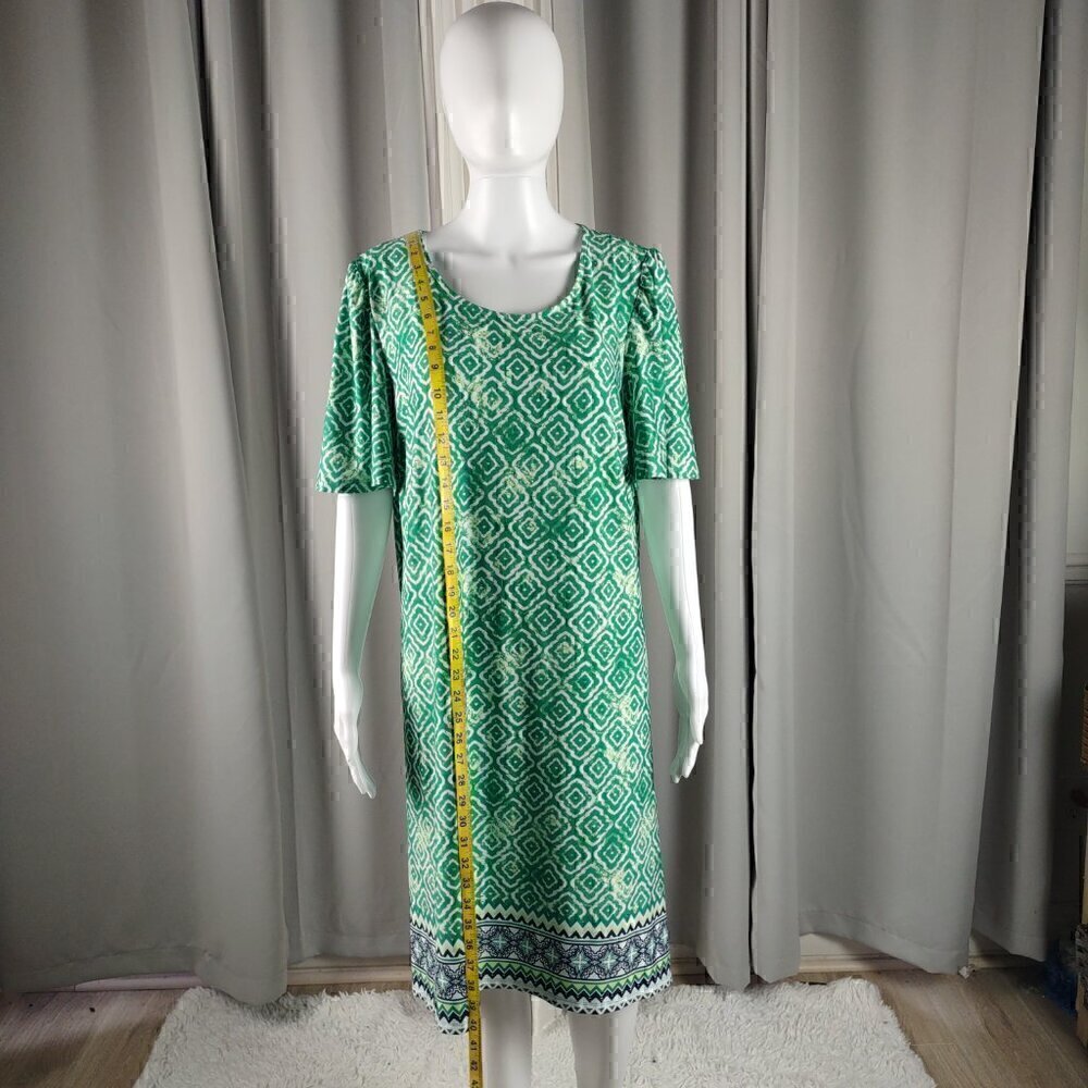 Kim Rogers Green White Geometric Sheath Midi Dress Stretch Elbow Sleeve L - Picture 5 of 10